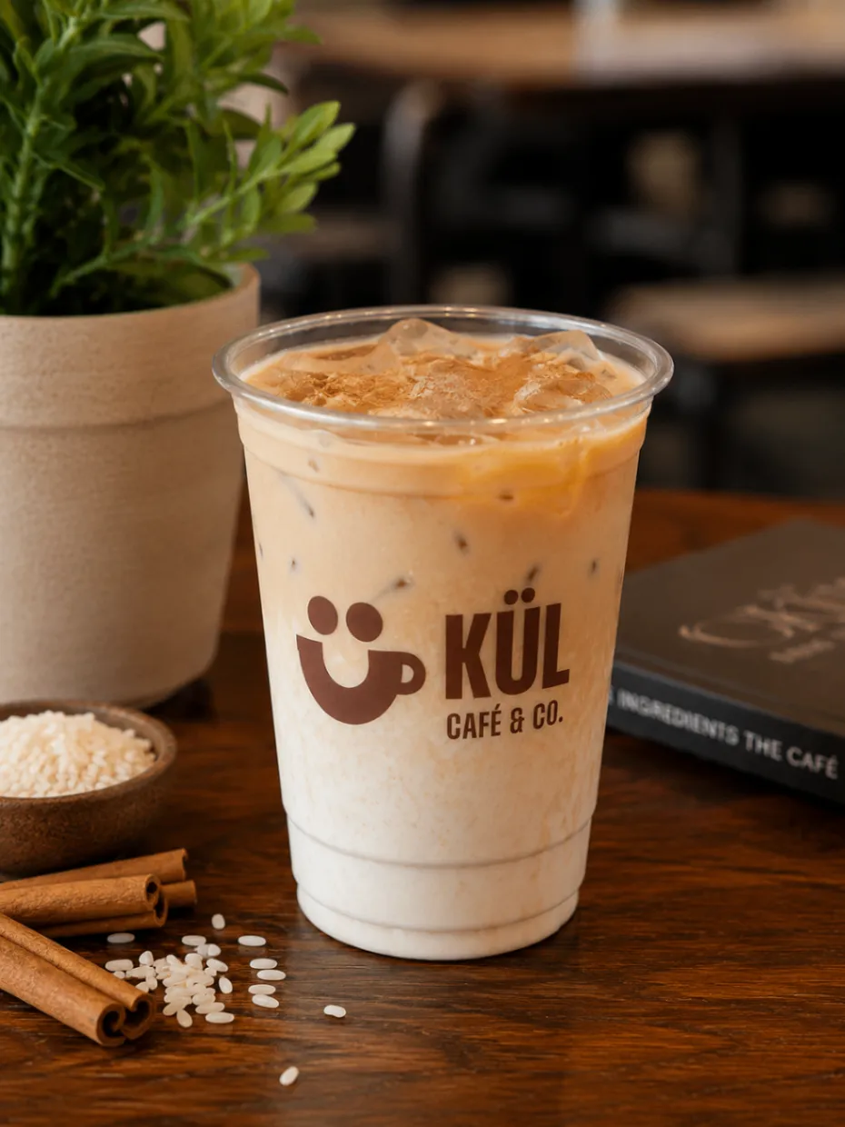Iced horchata latte in a Kül cup with rice and cinnamon.