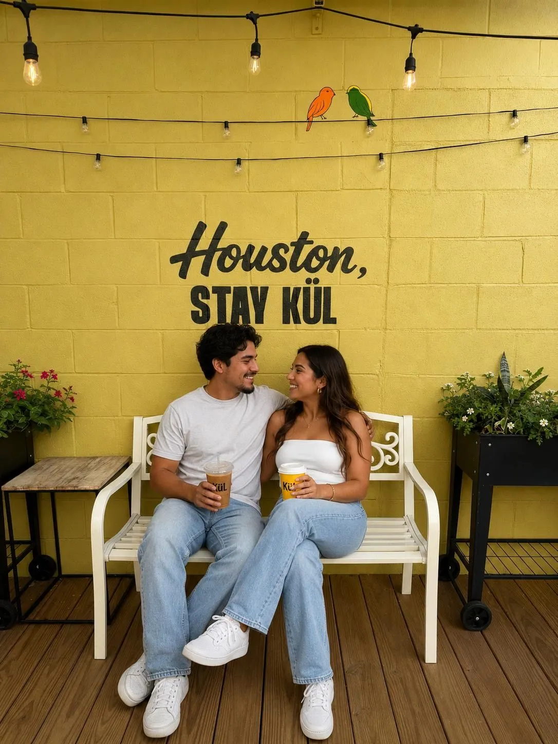 Couple sitting on a white bench beneath the Houston, Stay Kül wall.