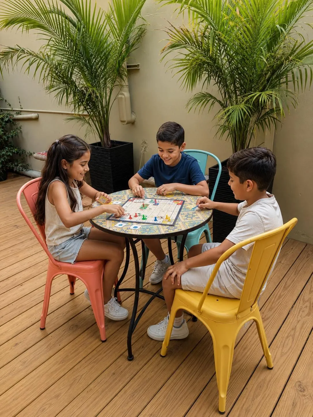 Kids playing a board game at a mosaic patio table.