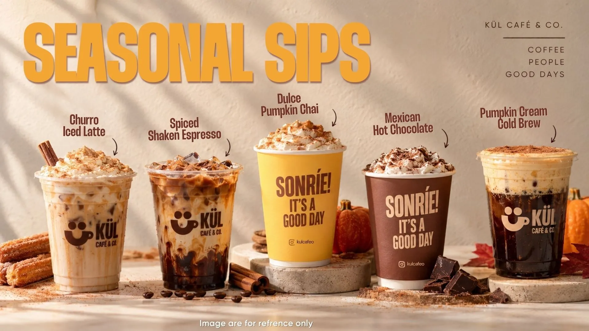 Kül Café seasonal drinks: Churro Iced Latte, Spiced Shaken Espresso, Dulce Pumpkin Chai, Mexican Hot Chocolate, and Pumpkin Cream Cold Brew.